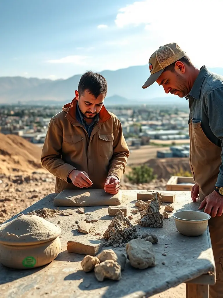 A close-up shot of workers carefully selecting and processing local raw materials, with the Dushanbe landscape visible in the background. The image should highlight the quality of the materials and the support for the local economy.
