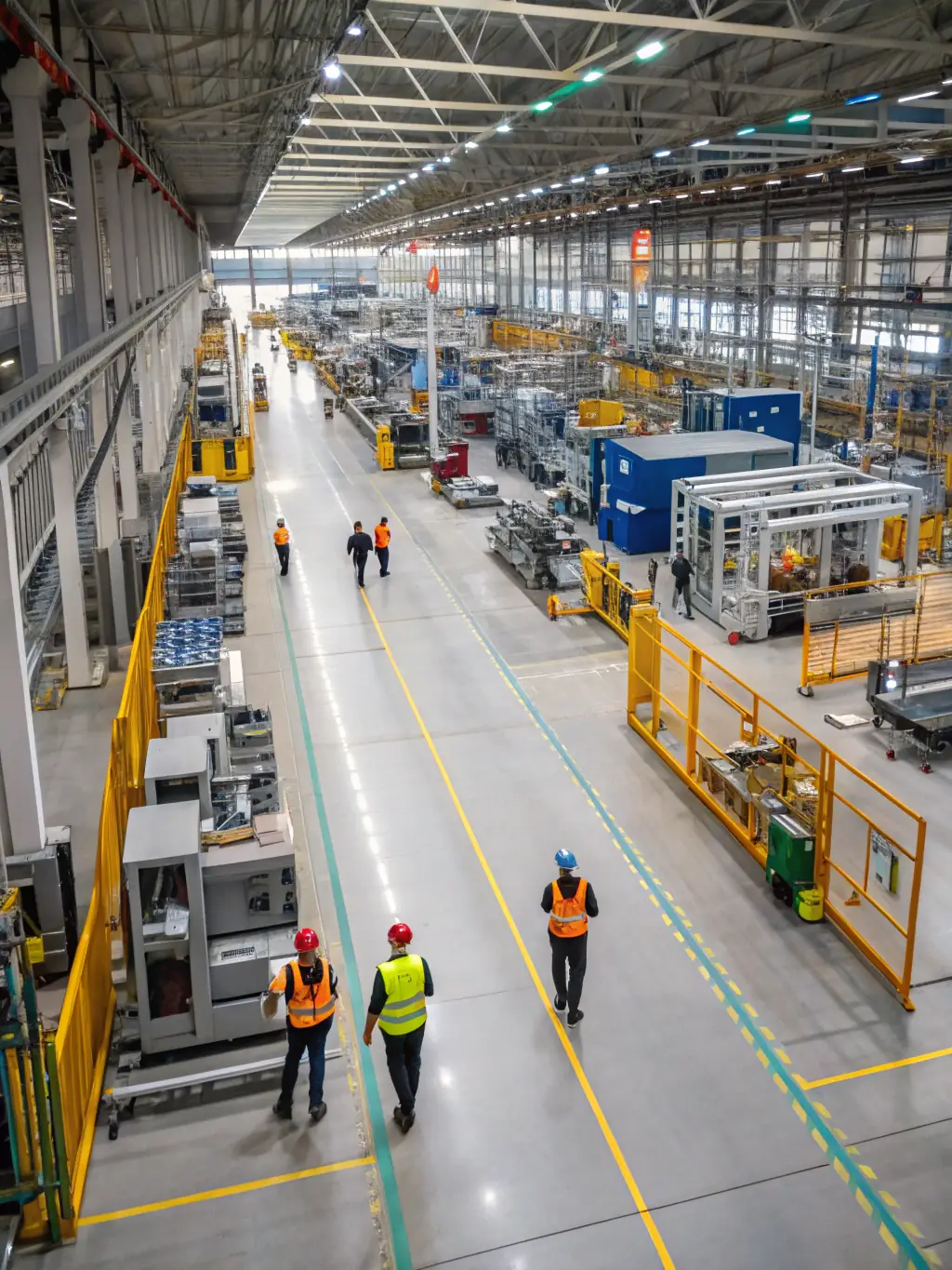 A high-angle shot of the Keda-designed manufacturing line at Suntilies, showcasing the advanced technology and precision in the tile-making process. The image should convey innovation and efficiency.
