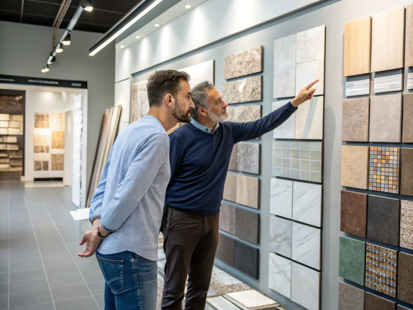 A vibrant display of various ceramic tile designs and sizes arranged in a modern showroom, highlighting the range of colors, patterns, and textures available from Suntilies.
