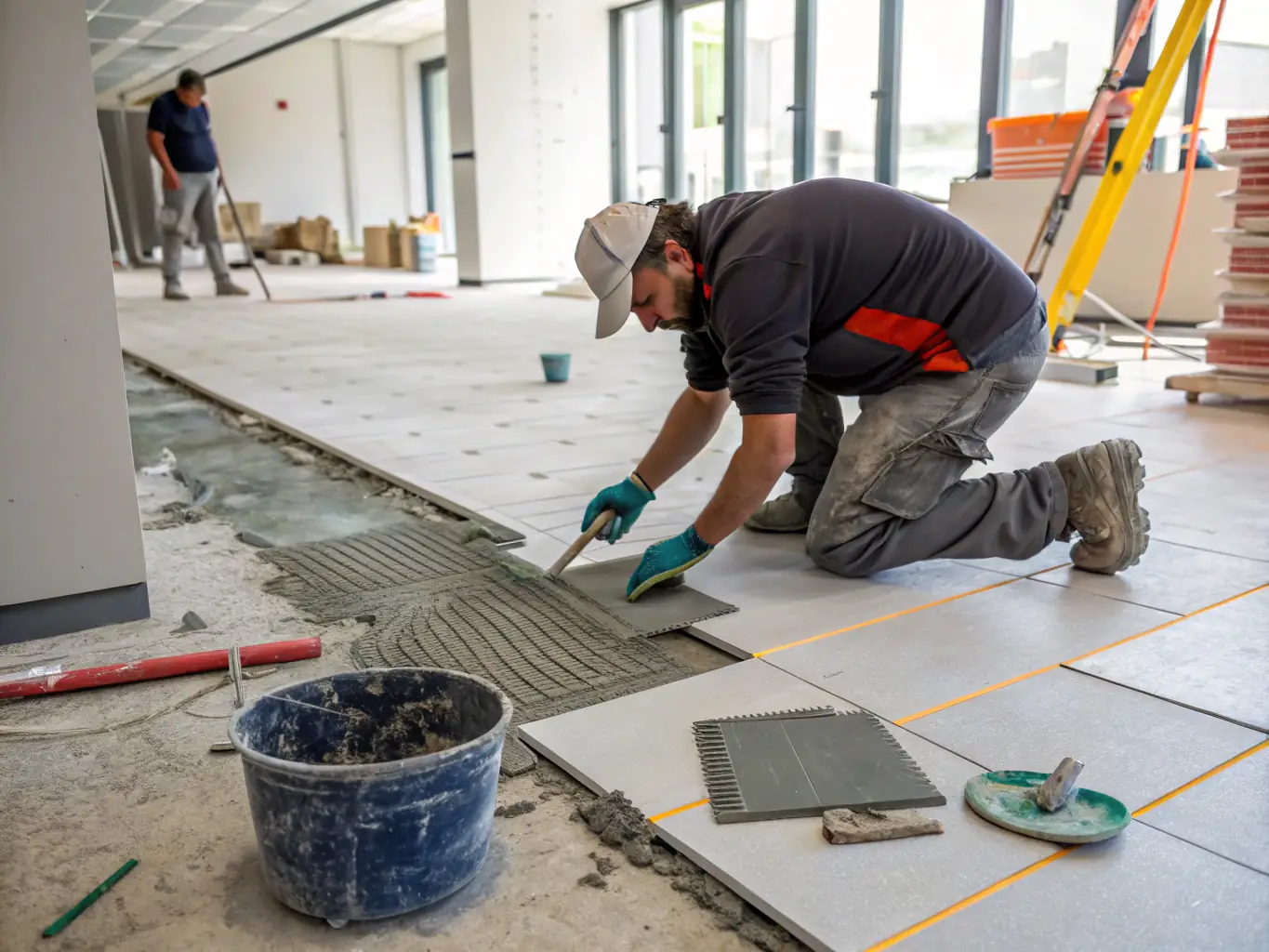 A close-up shot of Suntilies ceramic tiles being installed in a commercial space, showcasing their versatility and ease of application.