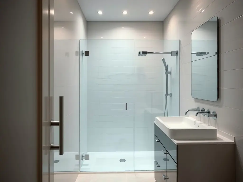 A high-angle shot of a modern bathroom featuring Suntilies ceramic tiles in a light gray, textured finish on the walls and floor, complemented by sleek, minimalist fixtures.