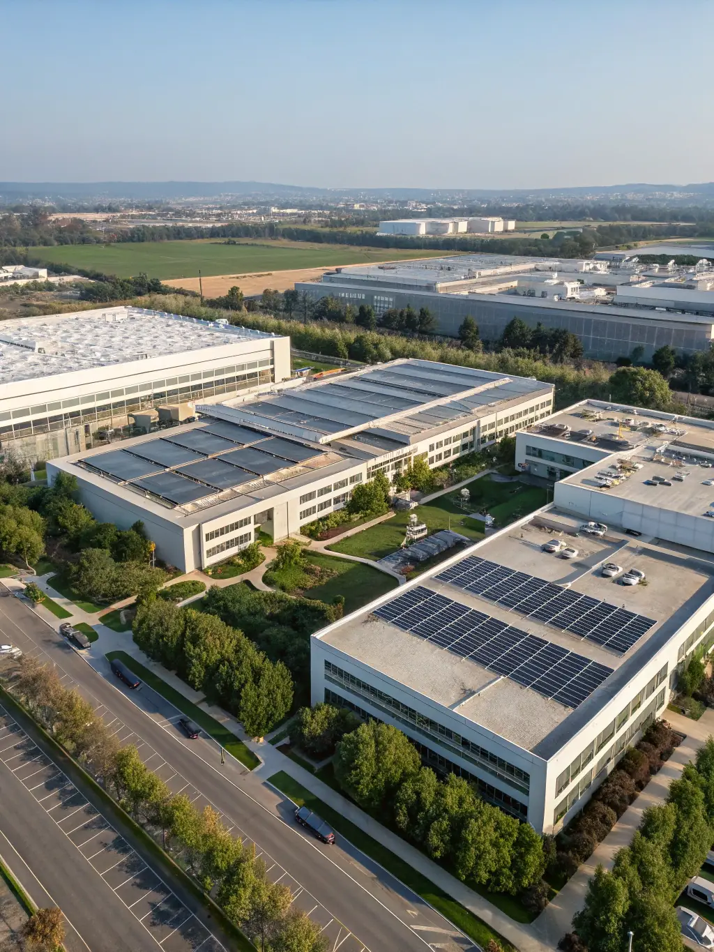 A wide shot of the Suntilies factory with solar panels visible on the roof, surrounded by the natural landscape of Dushanbe. The image should emphasize the company's commitment to renewable energy.