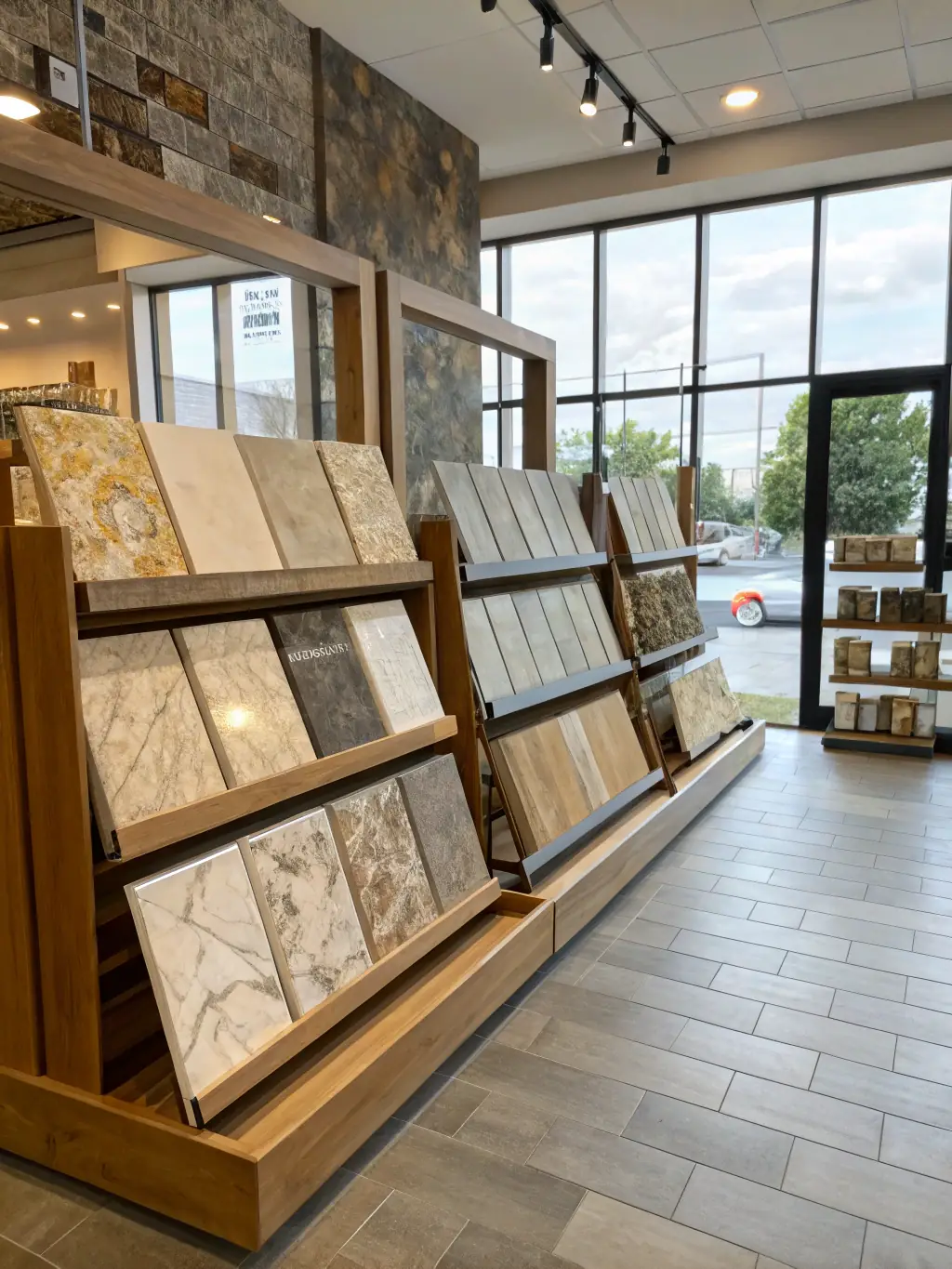 A photograph of a textured ceramic wall tile that mimics the look of natural stone, installed in a bathroom to create a spa-like atmosphere.