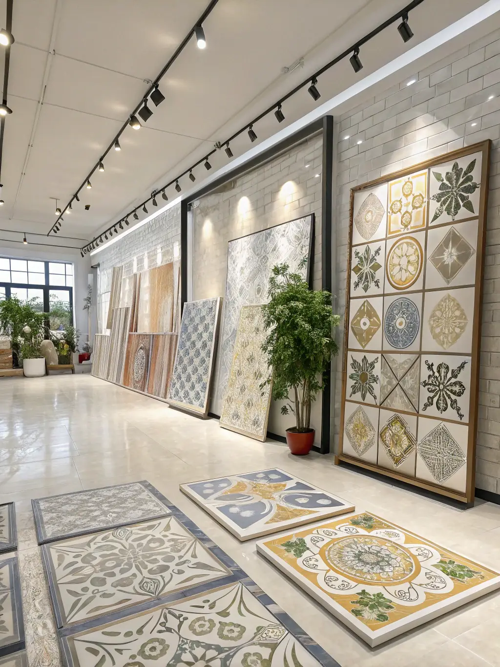 A diverse collection of Suntilies ceramic tiles displayed in an artful arrangement, showcasing various sizes, designs, and finishes. The image should highlight the versatility and aesthetic appeal of the products.