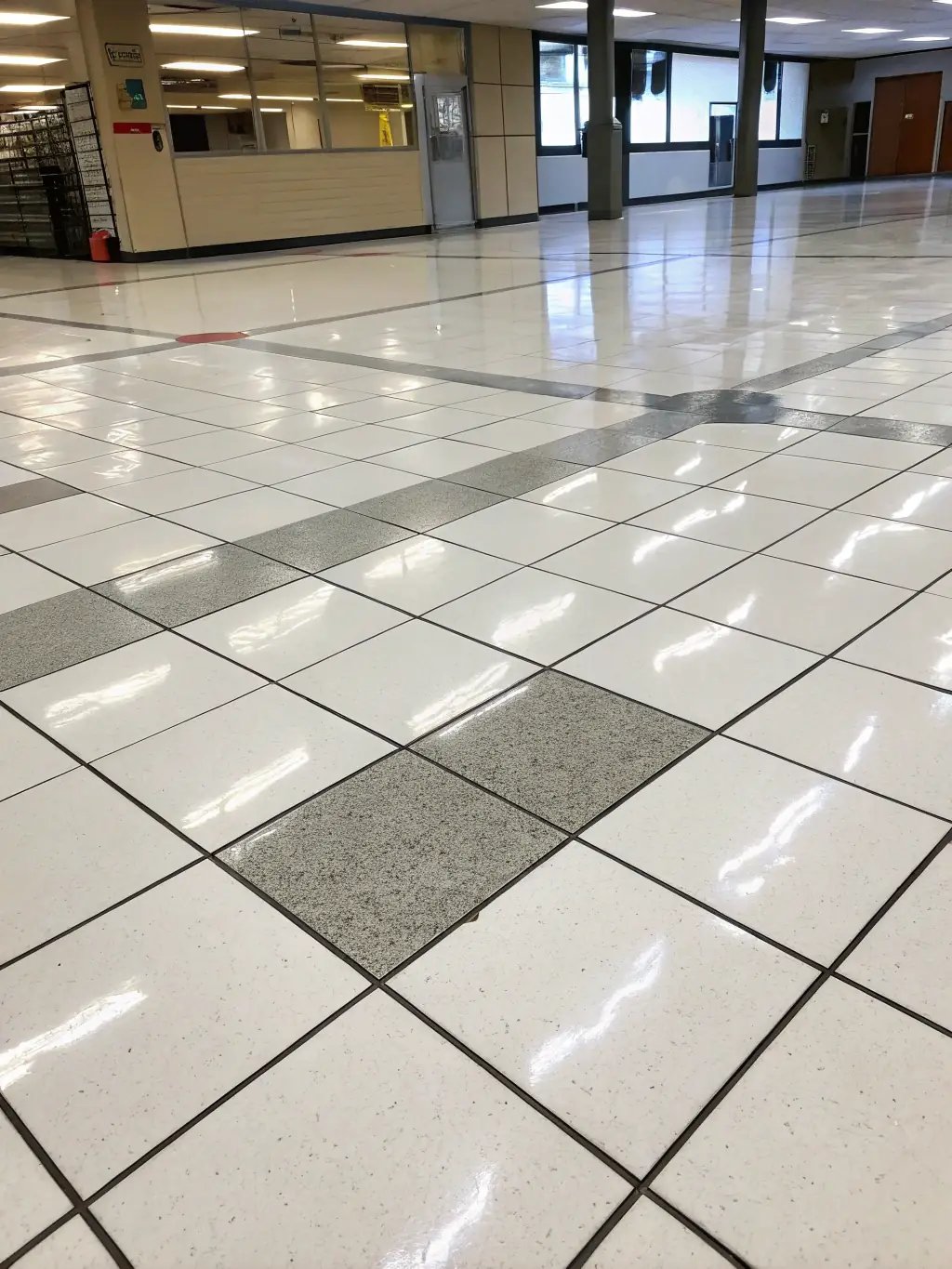 A picture of a large-format ceramic tile with a minimalist design, used as flooring in a commercial space, highlighting its clean lines and modern aesthetic.